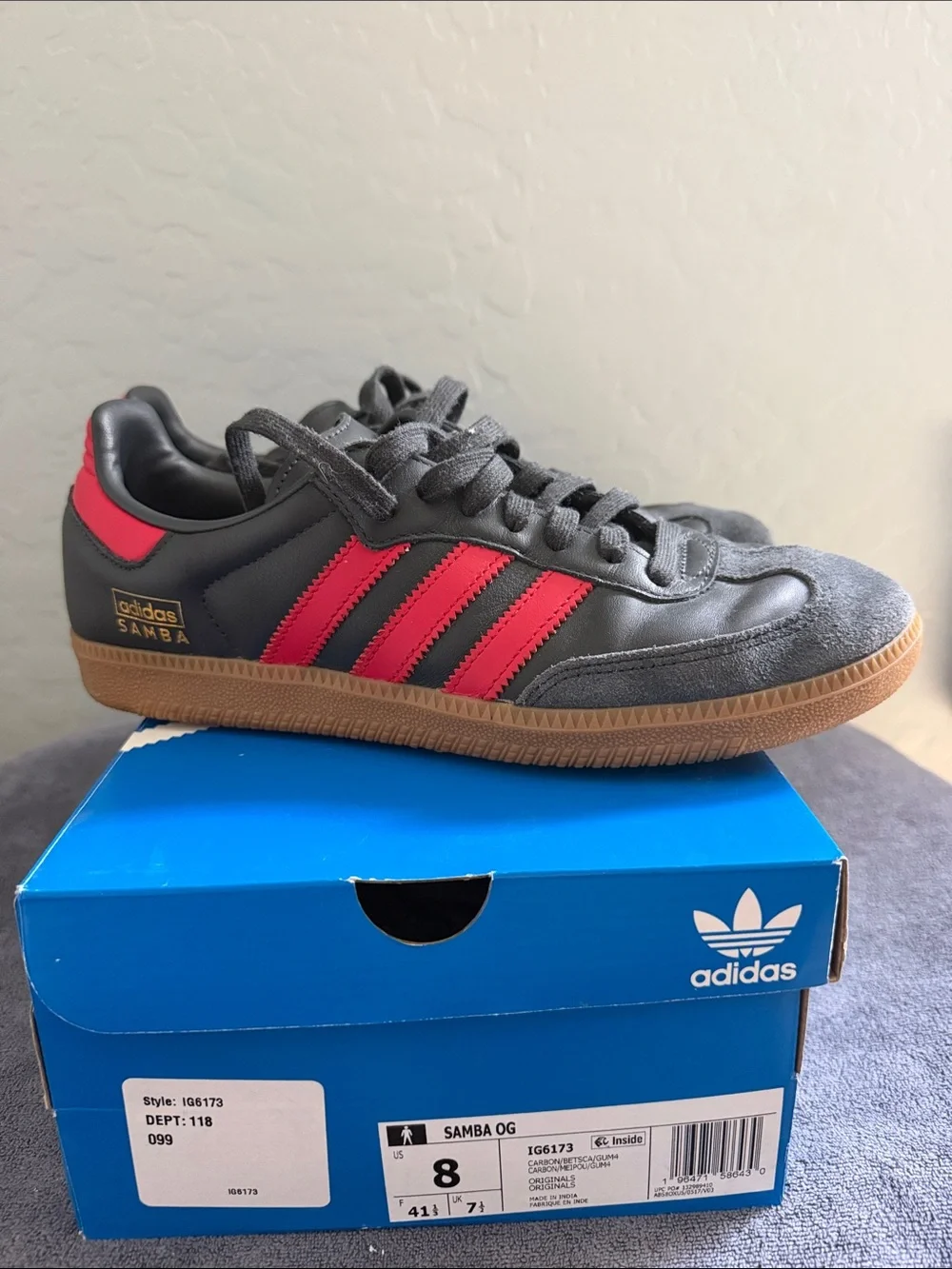 Adidas Samba OG Carbon / Better Scarlet Gum Sole - Size US Men's 8 (Women's 9.5)